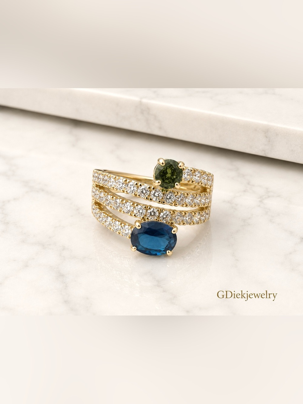 Goldfilled  Double Gemstone Ring with Blue and Green Stones size 6-7